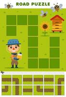 Education game for children road puzzle help honey farmer move to beehive and sunflower printable farm worksheet vector