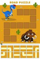 Education game for children road puzzle help oviraptor move to mammoth printable dinosaur worksheet vector