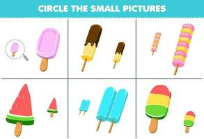 Education game for children circle the small picture of cute cartoon popsicle ice printable food worksheet vector