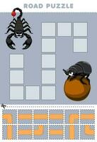 Education game for children road puzzle help scorpion move to dung beetle printable bug worksheet vector