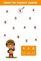 Education game for children help cute cartoon boy playing snowboard draw the correct shapes according to the number printable winter worksheet vector