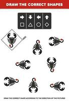 Education game for children draw the correct shape according to the direction of cute cartoon scorpion pictures printable bug worksheet vector