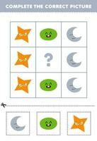 Education game for children to choose and complete the correct picture of a cute cartoon crescent oval or star printable shape worksheet vector