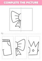 Education game for children cut and complete the picture of cute cartoon ribbon half outline for coloring printable wearable clothes worksheet vector