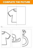 Education game for children cut and complete the picture of cute cartoon t shirt half outline for coloring printable wearable clothes worksheet vector