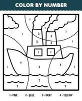 Education game for children color by number of cute cartoon ferry ship line art printable transportation worksheet vector