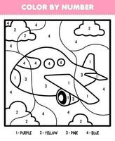 Education game for children color by number of cute cartoon plane line art printable transportation worksheet vector