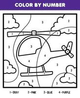 Education game for children color by number of cute cartoon helicopter line art printable transportation worksheet vector
