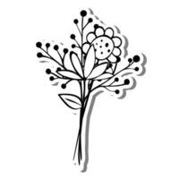 Little Bouquet Line Art. Flower, Leaves and Pollen on white silhouette and gray shadow. Vector illustration for decoration or any design.
