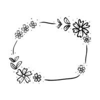 Doodle black line flowers with leaf in round square frame. Vector illustration for decorate logo, card or any design.