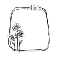 Doodle black line flowers with leaf in rounded rectangular frame. Vector illustration for decorate logo, card or any design.