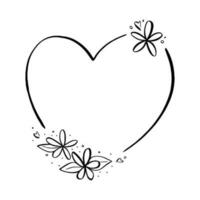 Doodle black line flowers with leaf on heart shape frame. Vector illustration for decorate logo, card or any design.