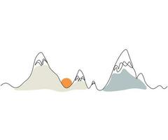 puesta de sol o amanecer en el montañas.resumen montañas, montaña paisaje, rocas continuo uno línea dibujo vector