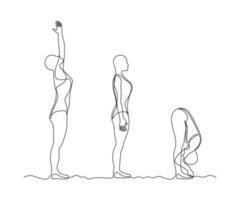 resumen yoga pose, gimnasia, un conjunto de varios ejercicios y posa continuo dibujo en uno línea vector