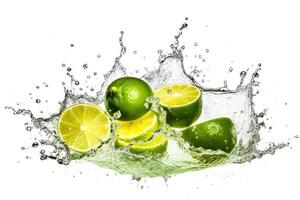 stock photo of water splash with sliced limes isolated food photography