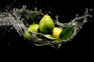 stock photo of water splash with green mango isolated food photography