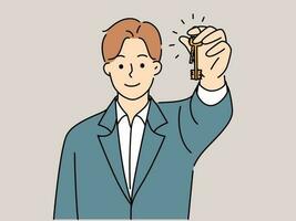 Smiling male real estate agent holding keys to new house or apartment. Happy man broker or realtor congratulate client with property own. Vector illustration.