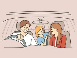 Happy family with child driving in car together. Smiling parents with kid have fun enjoy road trip in automobile. Adventure and journey. Vector illustration.