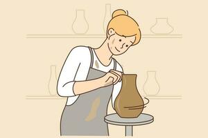 Smiling young woman making clay vase in workshop. Happy girl have fun enjoy arts and crafts in studio. Hobby and leisure. Vector illustration.