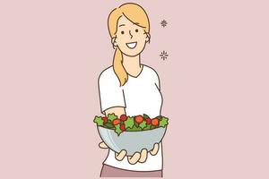 Smiling young woman holding bowl of healthy salad follow vegetarian diet. Happy female offer plate with vege dish. Nutrition and health. Vector illustration.