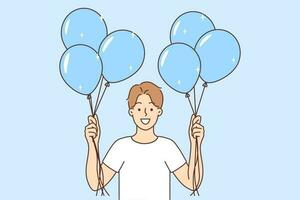 Smiling young man with balloons in hands. Happy guy with party accessories celebrate birthday or anniversary. Vector illustration.