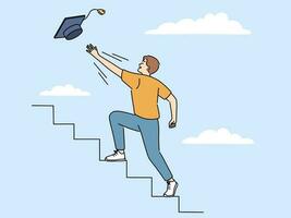 Motivated male student going upstairs for university hat achievement. Confident man strive for college or school graduation cap. Education concept. Vector illustration.