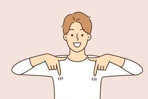 Smiling young man point down with fingers recommend good sale deal or offer. Happy guy demonstrate great promotion or discount. Recommendation. Vector illustration.