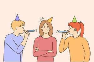 alegre personas soplar en silbidos felicitar infeliz niña con cumpleaños. trastornado enojado mujer en cumpleaños sombrero afligido con amigos saludo su. vector ilustración.