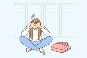 Unhappy girl sit on floor in school cry suffer from bullying. Upset stressed schoolgirl struggle with problems in college or university. Vector illustration.