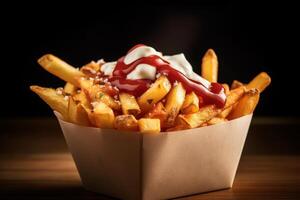 stock photo of fried fries with tomato sauce and mayonnaise food photography