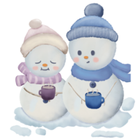 Snowman couple with different poses watercolor hand drawn illustration png