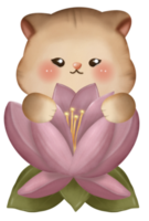 Cat with a lotus flower, Chuseok collection, Watercolor drawing illustration hand drawn clip art png