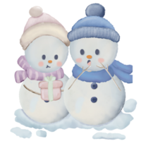 Snowman couple with different poses watercolor hand drawn illustration png