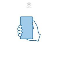 A vector illustration of a hand holding a smartphone icon, symbolizing connectivity, communication, or mobile technology. Perfect for app interfaces, digital interaction, or telephony