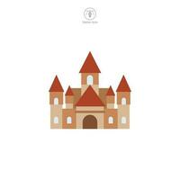 Castle icon vector displays a stylized medieval fortress, symbolizing history, royalty, fortification, heritage, and fairy-tale themes