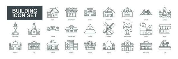 This building set icon vector illustrates various structures like homes, factories, schools, mosques, hospitals, and more, depicted with detailed and clear imagery