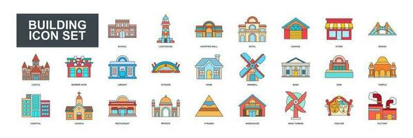 This building set icon vector illustrates various structures like homes, factories, schools, mosques, hospitals, and more, depicted with detailed and clear imagery