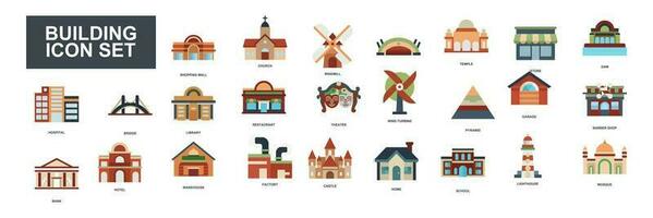 This building set icon vector illustrates various structures like homes, factories, schools, mosques, hospitals, and more, depicted with detailed and clear imagery