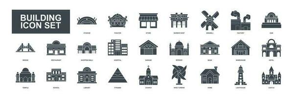 This building set icon vector illustrates various structures like homes, factories, schools, mosques, hospitals, and more, depicted with detailed and clear imagery