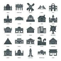 A detailed vector illustration representing diverse building types home, factory, school, mosque, hospital, and more. Each icon clearly depicts its respective structure