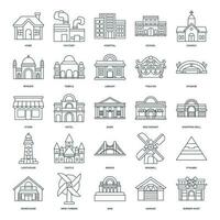 A detailed vector illustration representing diverse building types home, factory, school, mosque, hospital, and more. Each icon clearly depicts its respective structure