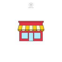 Store icon vector portrays a stylized retail outlet, signifying shopping, commerce, trade, consumerism, and business transactions