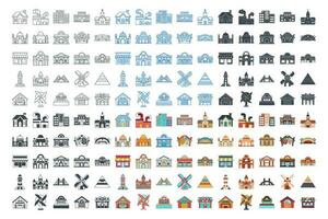 This building set icon vector illustrates various structures like homes, factories, schools, mosques, hospitals, and more, depicted with detailed and clear imagery