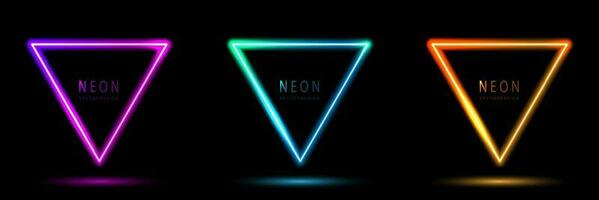 Set of glowing neon triangle lighting lines pink-purple, blue-green, orange-yellow, blue-green illuminate hexagon frame design. collection of glowing neon lighting on dark background with copy space. vector