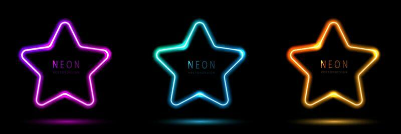 Set of glowing neon star lighting lines pink-purple, blue-green, orange-yellow, blue-green illuminate hexagon frame design. collection of glowing neon lighting on dark background with copy space.