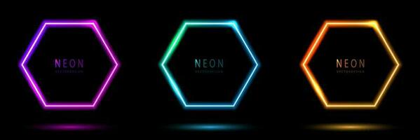 Set of glowing neon hexagon lighting lines pink-purple, blue-green, orange-yellow, blue-green illuminate hexagon frame design. collection of glowing neon lighting on dark background with copy space. vector