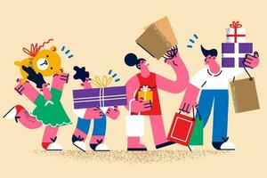 contento joven familia con niños sensación alegre compras juntos antes de nuevo año o Navidad. sonriente padres y niños con embalaje y bolso comprar en rebaja o descuento. vector ilustración.