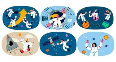 Set of astronauts in costumes discover open space on spaceship or satellite. Collection of spacemen flying near orbital body explore cosmos or universe. Science concept. Flat vector illustration.