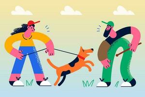 mujer propietario con perro tener formación con especialista al aire libre. niña a clase con perrito aprender comandos con canino manipulador. Doméstico animal o mascota lecciones plano vector ilustración.