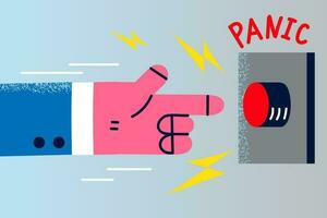 Hand of man press panic button feel worried anxious about life problem or difficulty. Stressed male or businessman distressed have anxiety attack miss deadline at work. Vector illustration.